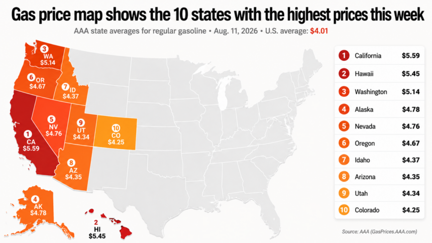 gas price map shows 10 states where drivers are paying the most this week 6a7c4b36bb15f